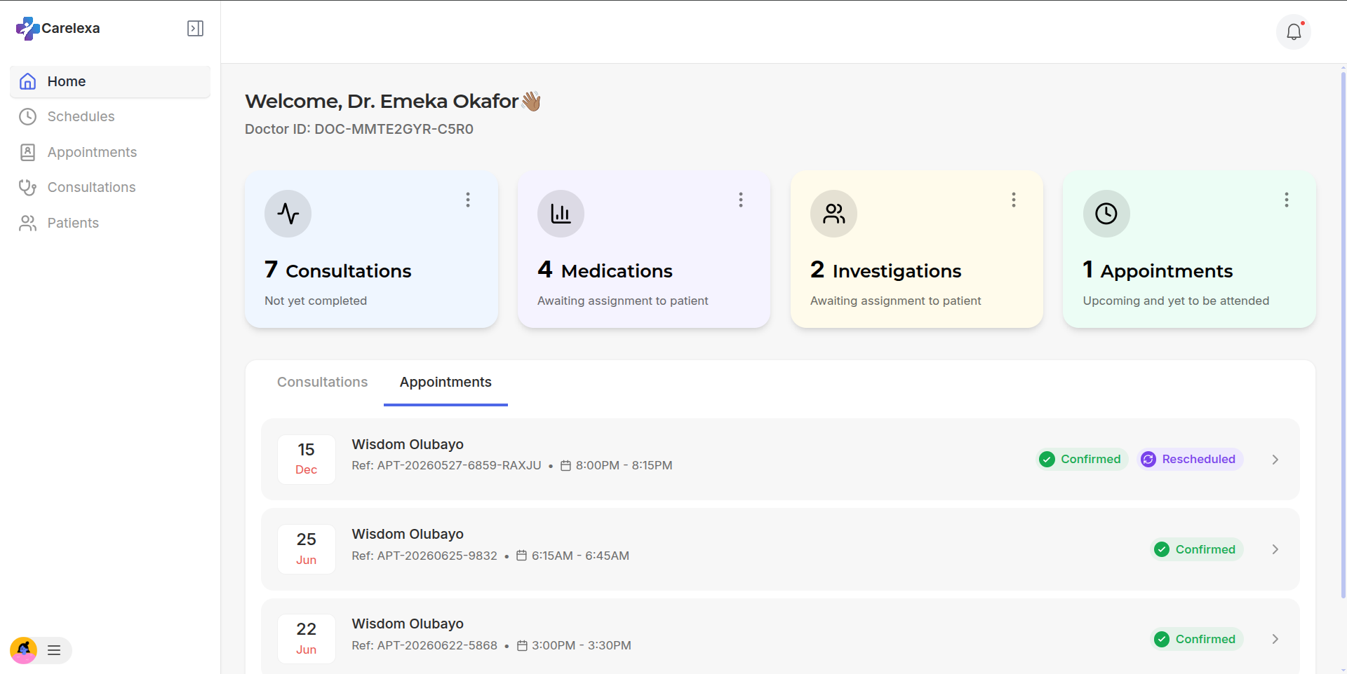 Carelexa healthcare PWA dashboard